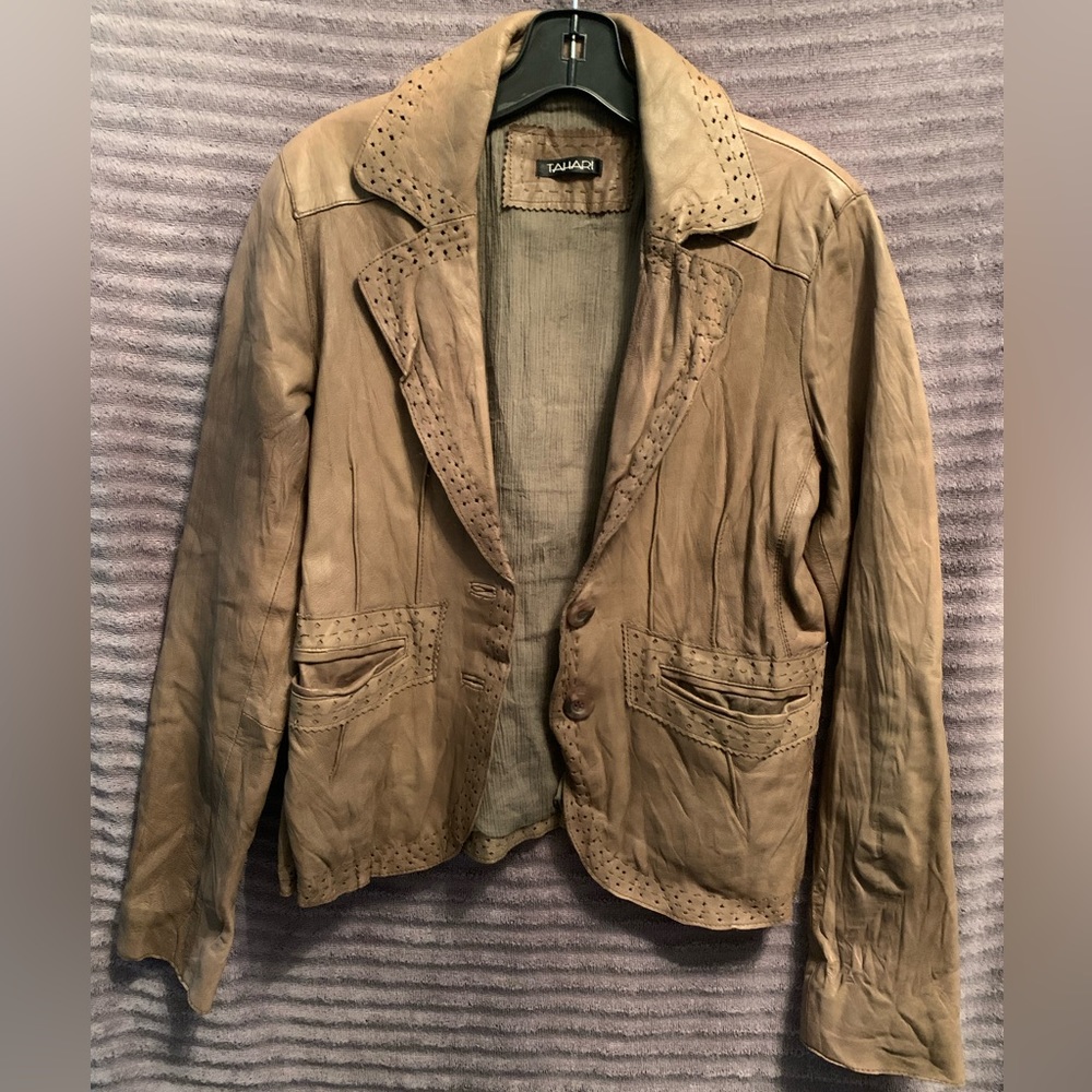 Tahari Crinkled Leather Jacket (Size, Small)